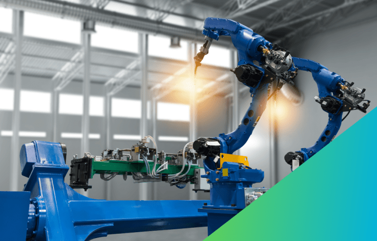A large blue industrial robotic arm is shown up close in a factory setting, with bright orange light suggesting welding activity.