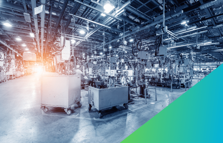 A expansive automated factory floor filled with numerous industrial robotic arms, overhead utility lines, and carts.