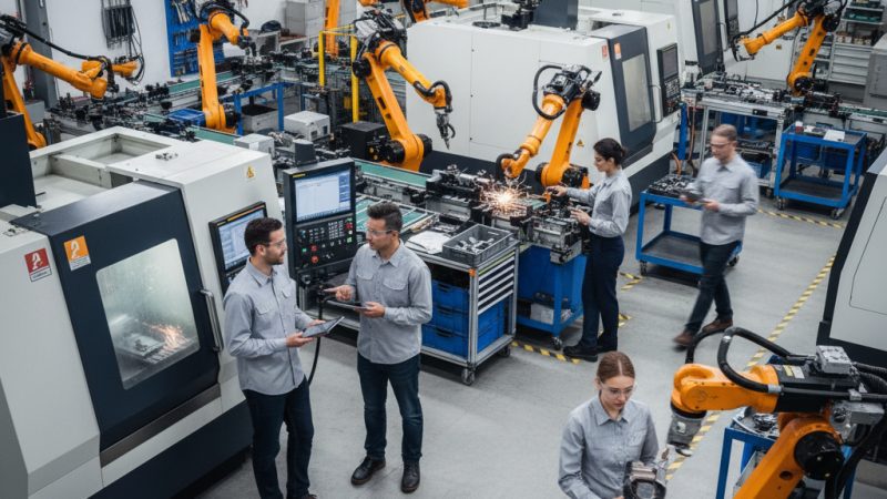 Manufacturing floor with workers discussing and overseeing operations
