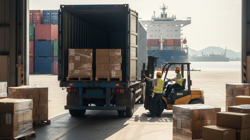 Truck being loaded with boxes at port