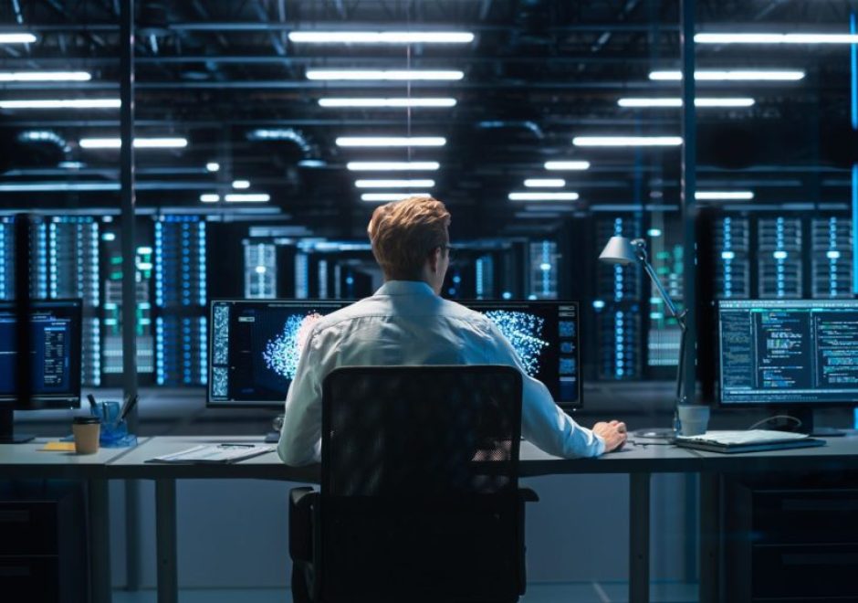 man in a collared shirt sitting in front of two desktop screens surrounded by servers